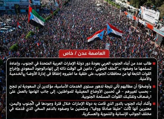 أبناء الجنوب العربي يطالبون بعودة الدور الإماراتي وإخراج السعودية من محافظات الجنوب